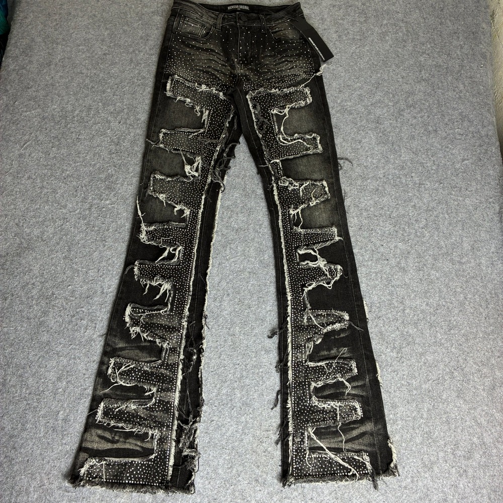 NWT Rockstar Original Size XS Zariyah Grey Wash Rhinestone Stacked Flare Jeans